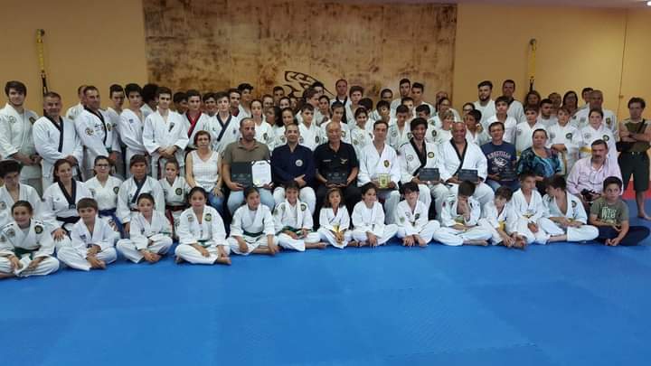 Grand Master Kim Chang-Hak at center flanked by Masters Fernando Branco and Marcelo Ruhland. Promotion exam at Fernando Branco's dojang in Portugal, 27 June 2016.
