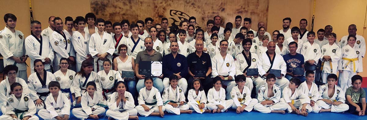 Grand Master Kim Chang-Hak at center flanked by Masters Fernando Branco and Marcelo Ruhland. Promotion exam at Fernando Branco's dojang in Portugal, 27 June 2016.
